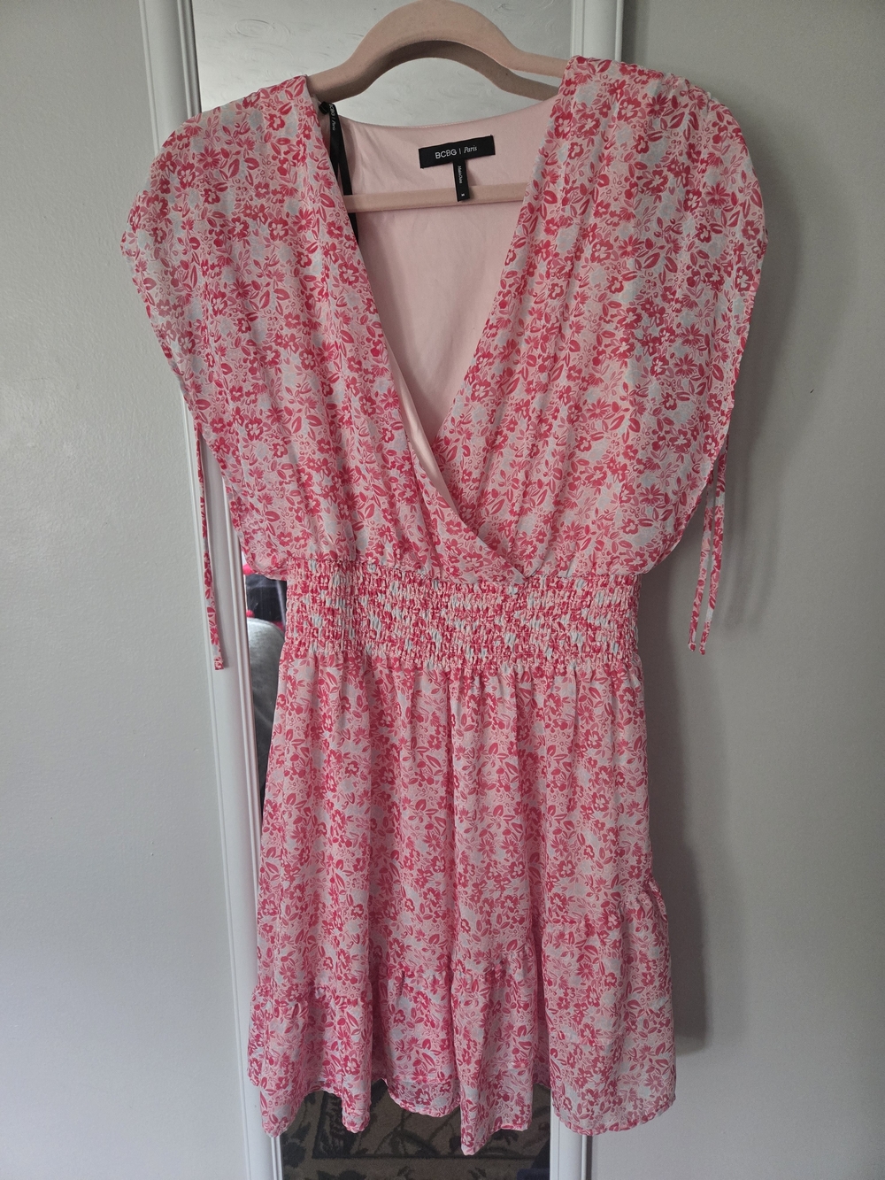 BCBG Pink White Floral Wrap Smocked Mini Dress
